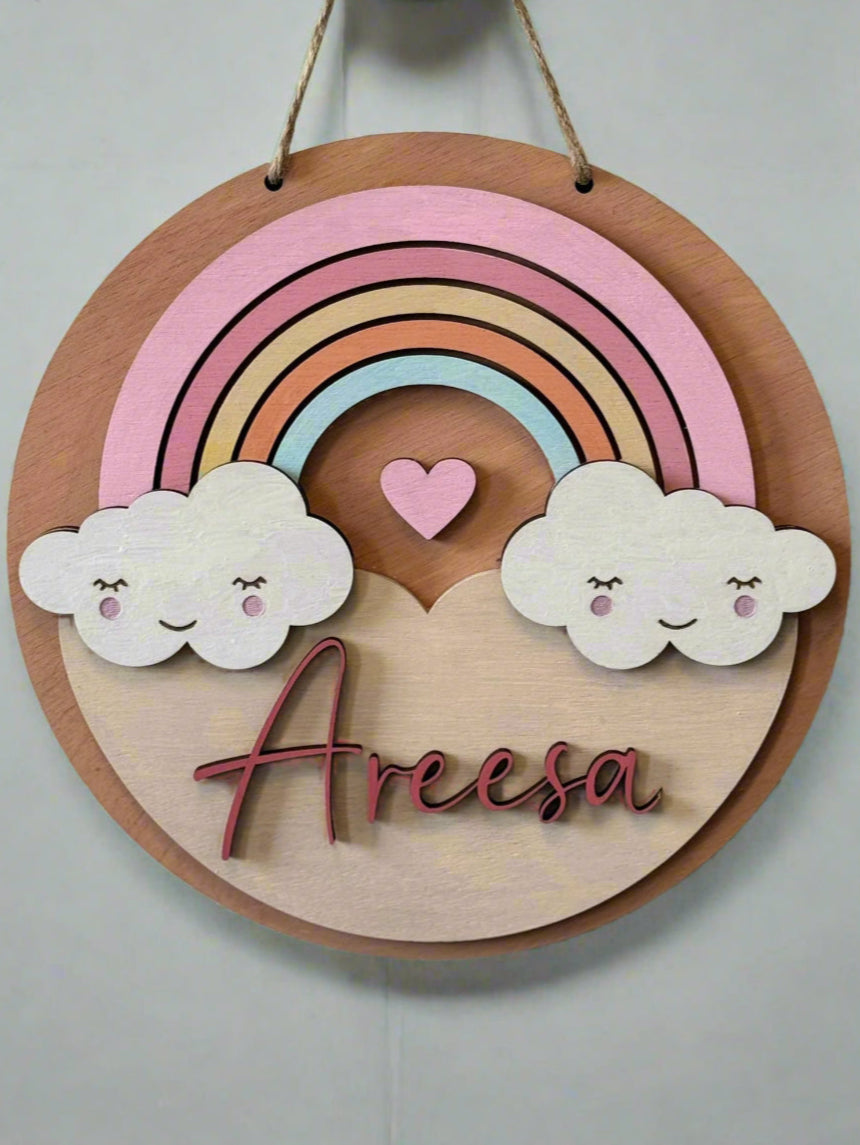 Personalized Rainbow & Clouds Wooden Door Hanger