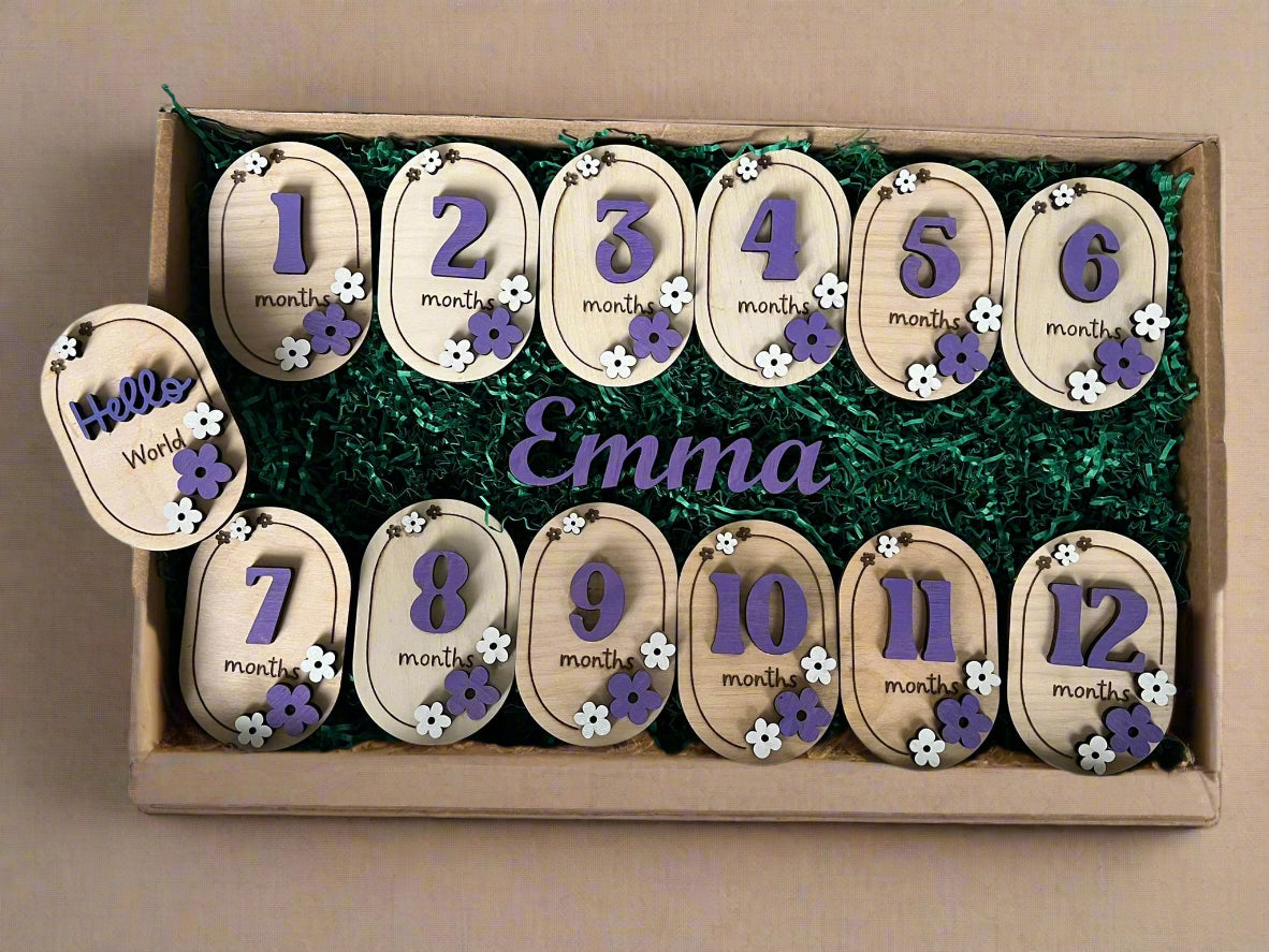 Baby Gift Set Bundle: Baby monthly milestone cards + custom name + birth plaque