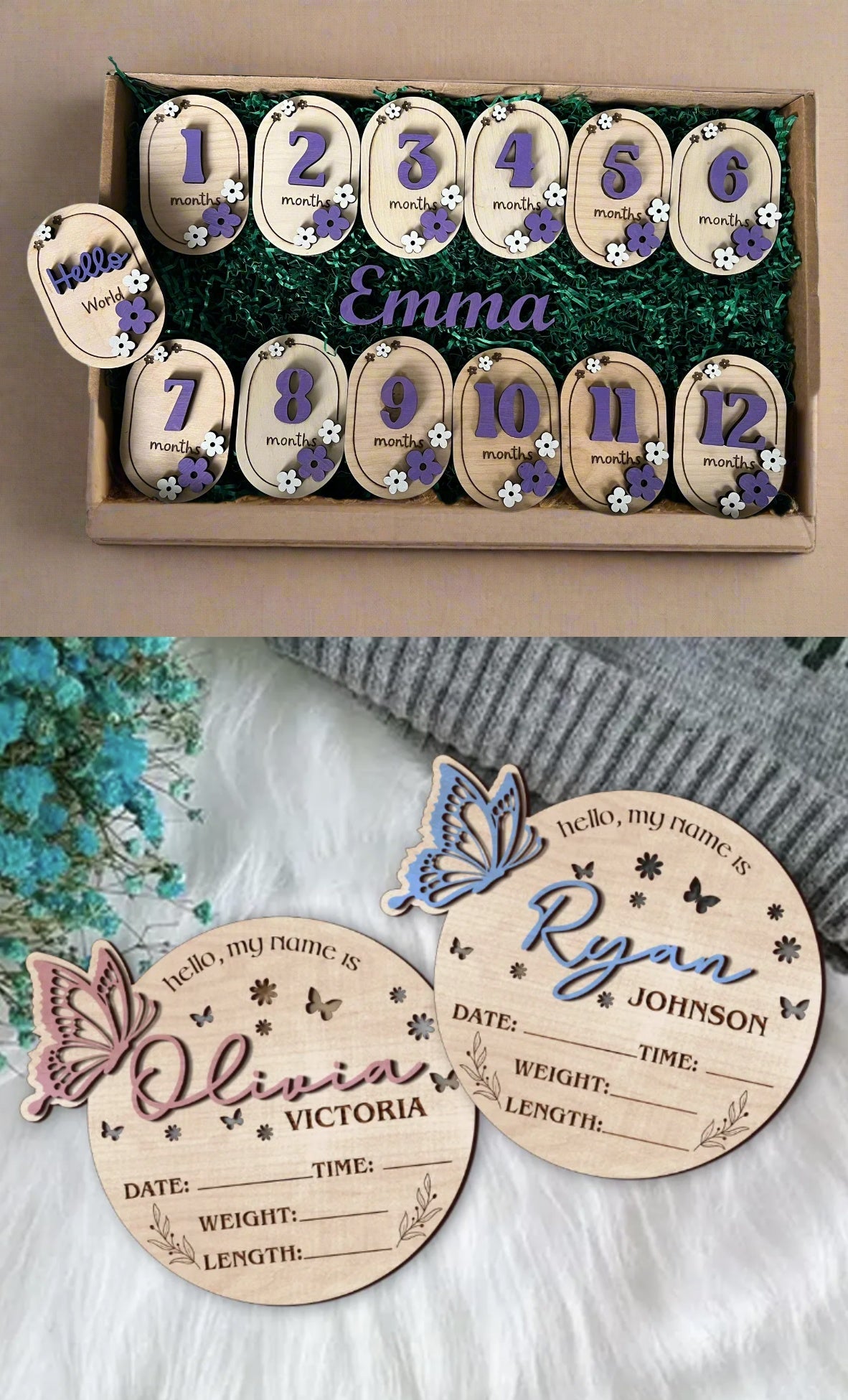 Baby Gift Set Bundle: Baby monthly milestone cards + custom name + birth plaque