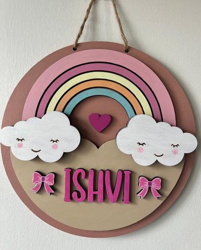 Personalized Rainbow & Clouds Wooden Door Hanger