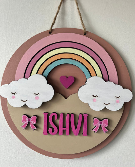 Personalized Rainbow & Clouds Wooden Door Hanger