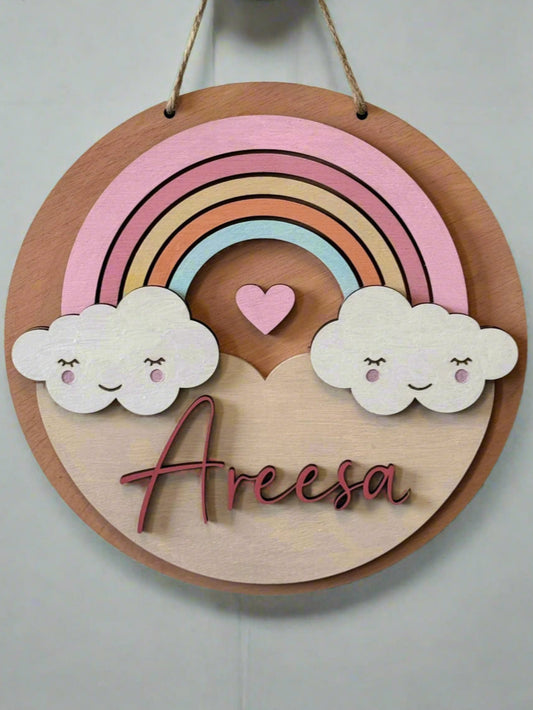 Personalized Rainbow & Clouds Wooden Door Hanger
