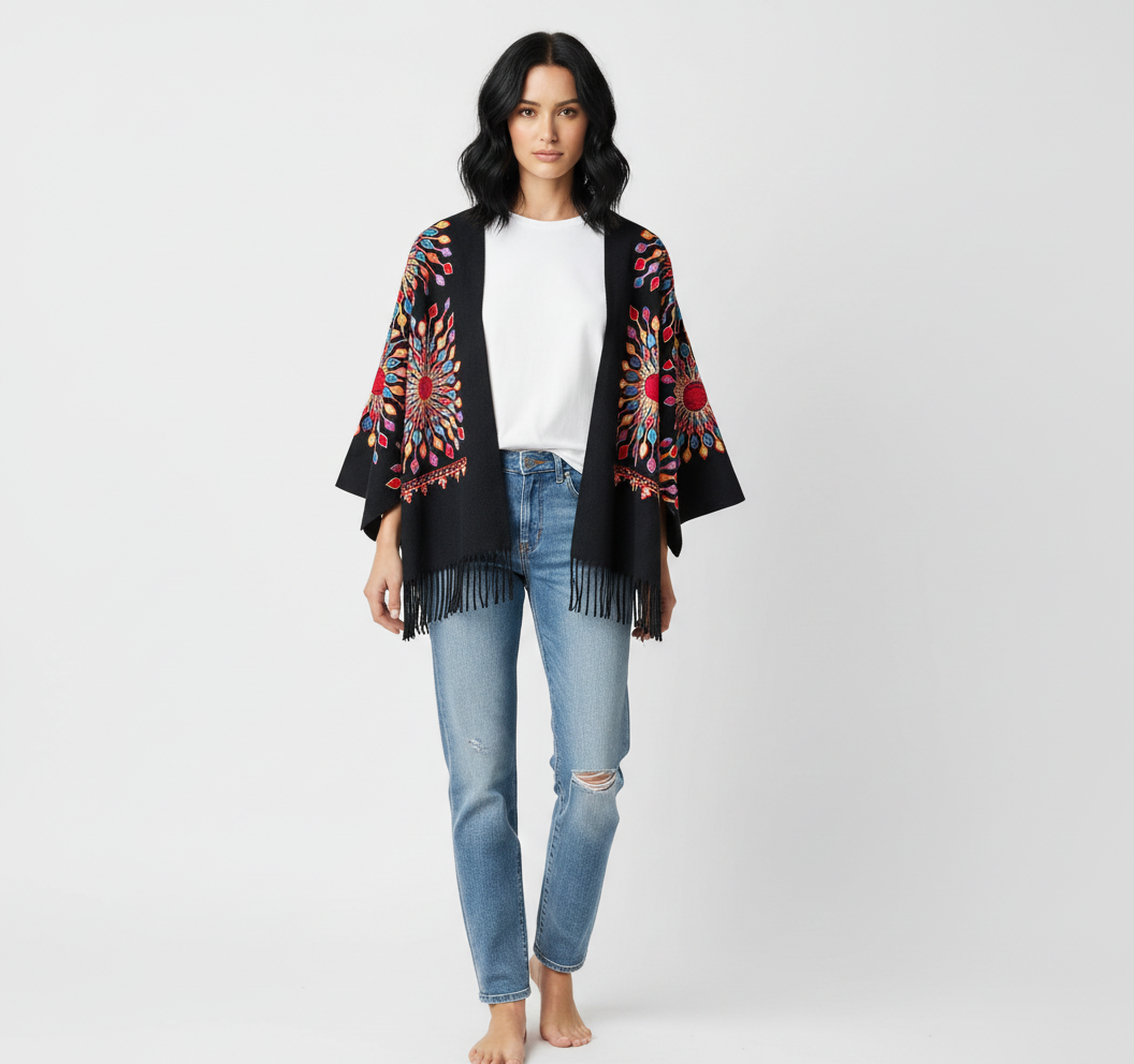 Petal Burst: One-Size, All-Season Embroidered Cardigans